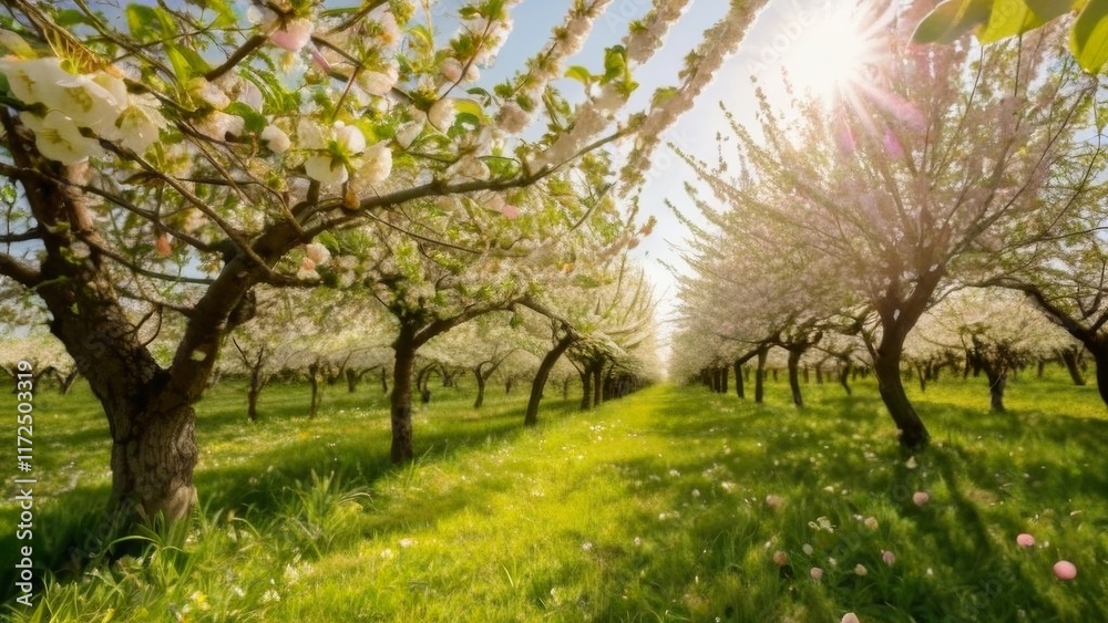 A vibrant spring orchard filled with fresh, ripe strawberries, cherries, and apricots hanging from blossoming trees A vibrant spring orchard filled with fresh, ripe strawberries, cherries, and apricots hanging from blossoming trees