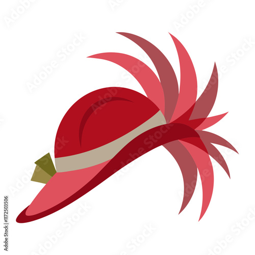 Red Wide-Brim Fascinator Hat with Feathers, A bold red wide-brim fascinator hat featuring pink feathers and a decorative ribbon, perfect for formal events or fashion accessories.  
