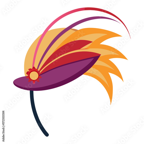 Purple Fascinator Headband with Feathers and Flower,  A stylish purple fascinator headband adorned with vibrant orange and red feathers and a flower, perfect for formal or costume events.  
