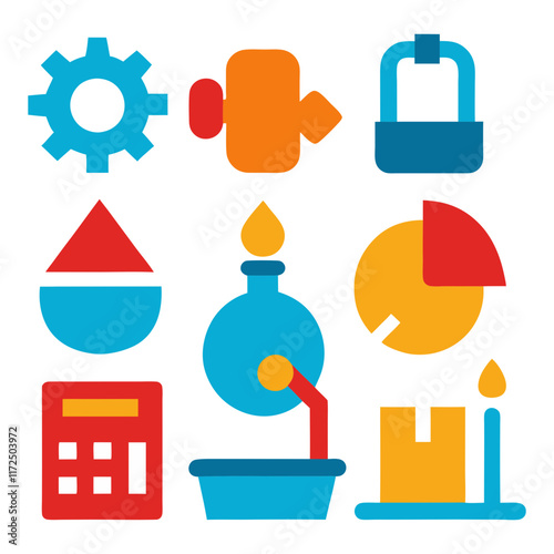 Bright Flat Icons of Science and Tools, A vibrant set of flat icons featuring science and tool-related symbols, including gears, charts, calculators, and lab equipment. 
