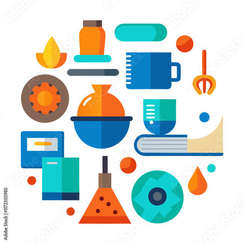 Flat Icon Set with Science and Everyday Items, A colorful flat icon collection featuring science tools, books, mugs, and everyday items, ideal for educational or creative projects. 
