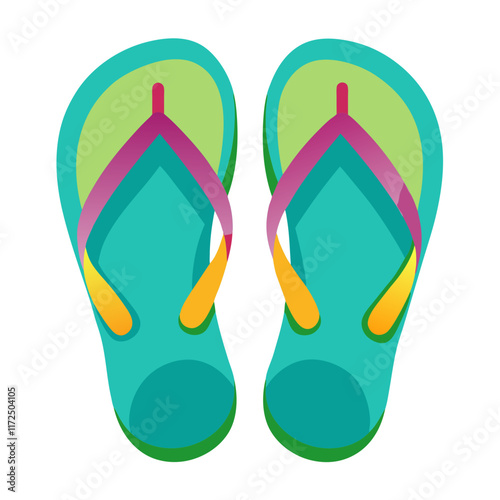 Vibrant Flip-Flops with Colorful Straps Illustration, A cheerful pair of teal flip-flops with pink, yellow, and green accents, designed in a fun and modern flat vector style.  
