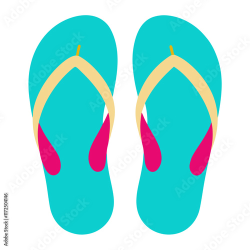 Colorful Flip-Flops Beachwear Illustration, A pair of vibrant teal flip-flops with yellow straps and pink accents, perfect for summer or beach-themed designs.  
