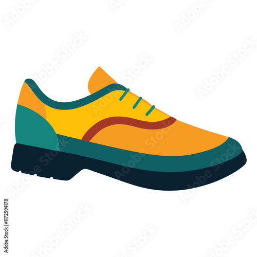 Yellow and Green Casual Shoe Illustration, A vibrant yellow and green casual shoe with red details and a black sole, designed in a flat modern vector style.  
