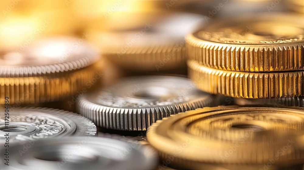 Metallic abstract background idea. Close-up view of shiny gold and silver coins stacked together in an artistic arrangement. Metallic abstract background idea. Close-up view of shiny gold and silver coins stacked together in an artistic arrangement.