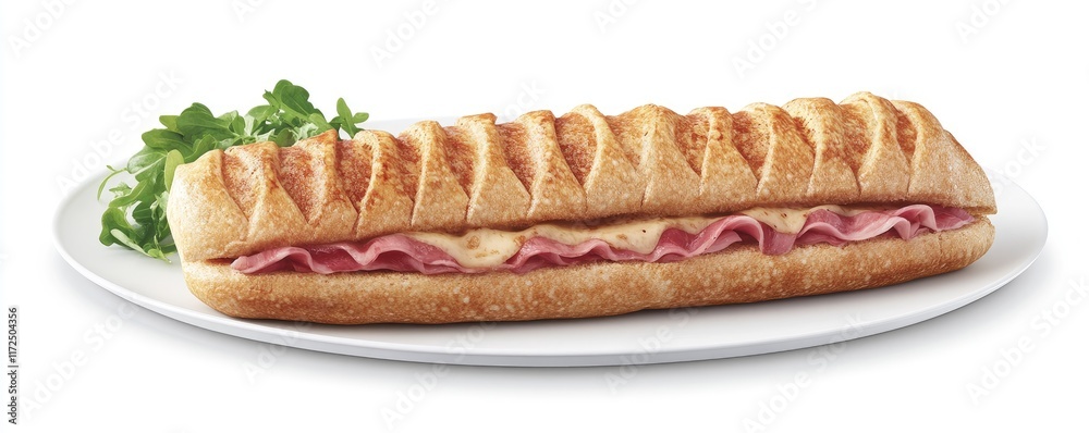 A long sandwich filled with ham and cheese, served with fresh greens on a plate. A long sandwich filled with ham and cheese, served with fresh greens on a plate.