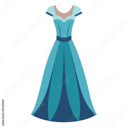 Elegant Blue Gown Illustration with Cap Sleeves, Flat illustration of a flowing blue gown featuring cap sleeves, a fitted bodice, and a flared skirt with layered details, ideal for formal themes.  
