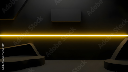 A 3D rendering of a futuristic, sci-fi dark room with neon glowing line tubes on a grunge concrete floor, creating atmospheric environment.