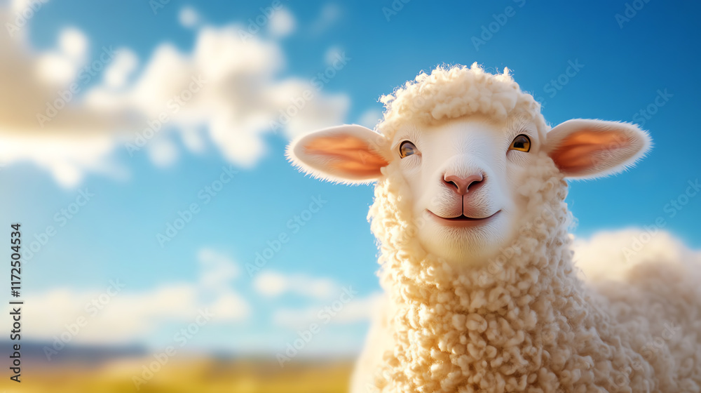 A cheerful sheep stands in a field, basking in the sunlight under a bright blue sky, embodying the essence of rural tranquility. A cheerful sheep stands in a field, basking in the sunlight under a bright blue sky, embodying the essence of rural tranquility.