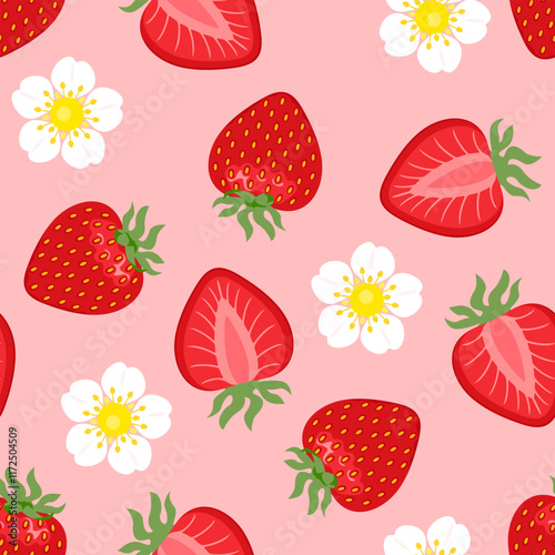 Seamless pattern with strawberry and flowers.  Background with sweet red berry. Vector cartoon flat illustration.