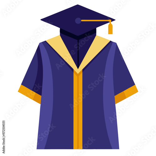 Purple Graduation Gown and Cap Illustration with Yellow Accents, Flat illustration of a purple graduation gown featuring yellow accents and a matching cap with a tassel, ideal for academic and ceremon