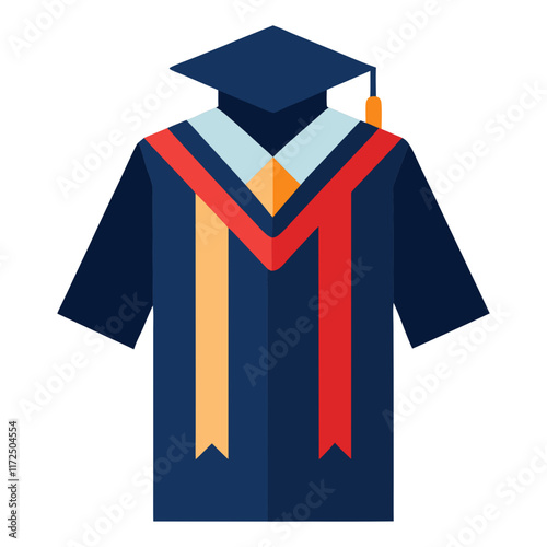 Graduation Gown and Cap Illustration with Sashes, Flat illustration of a navy blue graduation gown featuring red and yellow sashes, paired with a matching cap and tassel, perfect for academic celebrat