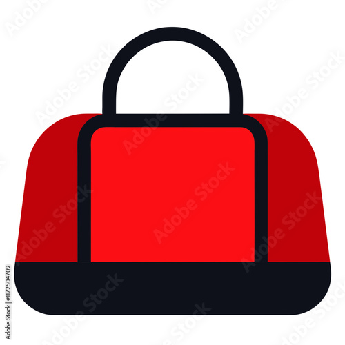 Red and Black Duffel Bag Illustration, Flat illustration of a red duffel bag with black accents and handles, featuring a sleek and modern design, perfect for travel or gym themes.  
