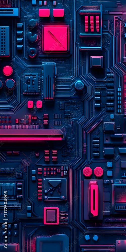 Fototapeta premium Abstract digital circuit board design with neon colors.
