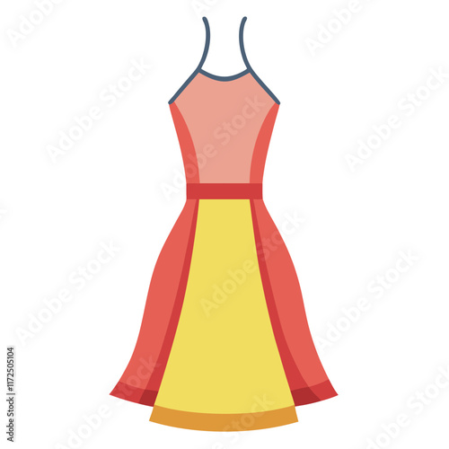 Colorful Halter Dress Illustration with Yellow Panel, Flat illustration of a colorful halter dress featuring coral and yellow panels, blue straps, and a flowy skirt, perfect for summer or casual fashi
