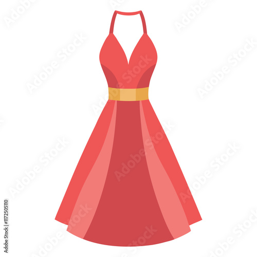 Coral Halter Dress Illustration with Yellow Belt, Flat illustration of a coral halter dress featuring a V-neckline, a yellow waist belt, and a flared skirt, ideal for summer or party fashion themes.  