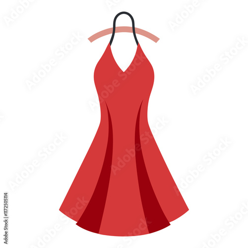 Red Halter Dress Illustration with Flowy Skirt, Flat illustration of a red halter dress featuring a V-neckline, black strap, and a flowy flared skirt, perfect for elegant or summer fashion themes.  
