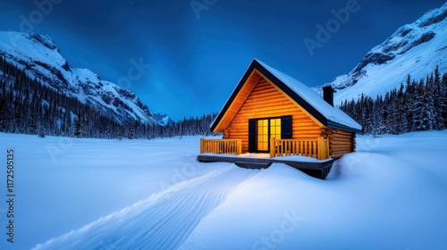 A night sky filled with a cozy winter cabin with a fireplace and a warm blanket. High Quality