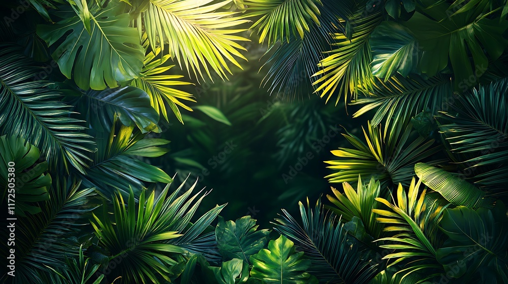 Fototapeta premium A vibrant tropical frame with lush green palm leaves, their sharp textures and natural curves creating a dynamic border, sunlight casting gentle highlights, the center left blank for text,