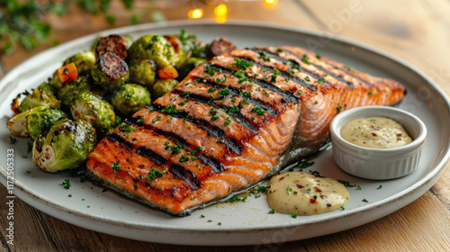 Grilled salmon fillet with brussels sprouts, sauce, herbs, festive background photo