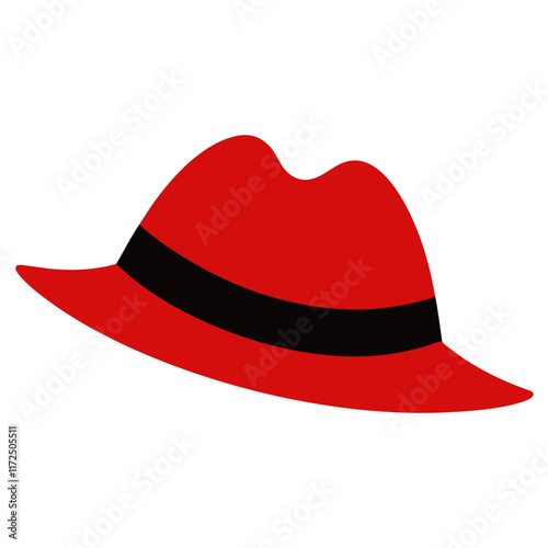 Red Fedora Hat Illustration with Black Band, Flat illustration of a red fedora hat featuring a structured crown, wide brim, and a sleek black band, perfect for stylish fashion themes.  
