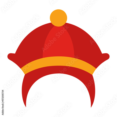 Red and Yellow Festive Hat Illustration, Flat illustration of a red hat with yellow accents, a top pom-pom, and pointed edges, ideal for festive or decorative designs.  
