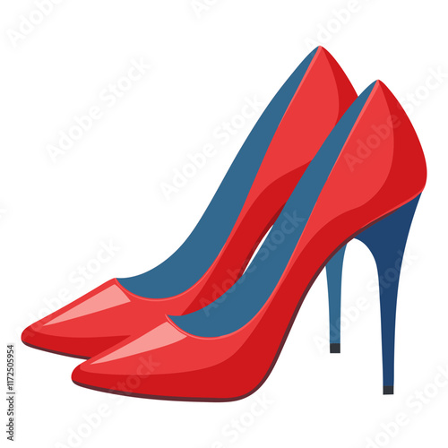Red High Heels Illustration with Blue Soles, Flat illustration of a pair of red high-heeled shoes featuring sleek pointed toes and contrasting blue soles, perfect for fashion themes.  
