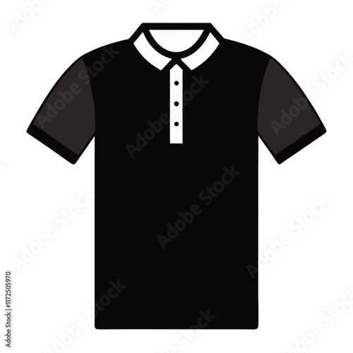 Black Polo Shirt with White Collar Design, Flat illustration of a black polo shirt featuring a crisp white buttoned collar and dark gray sleeves, perfect for modern casual styling.  
