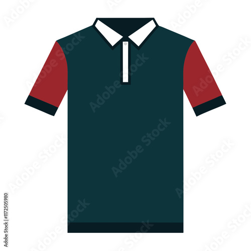 Dark Green Polo Shirt with Red Sleeves, Flat illustration of a dark green polo shirt featuring contrasting red sleeves and a white buttoned collar, ideal for stylish casual designs.  
