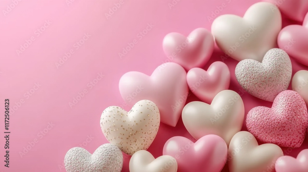 Obraz premium Pink background with lots of white and pink hearts, Valentine's Day love concept, 3D rendering, copy space for text or design