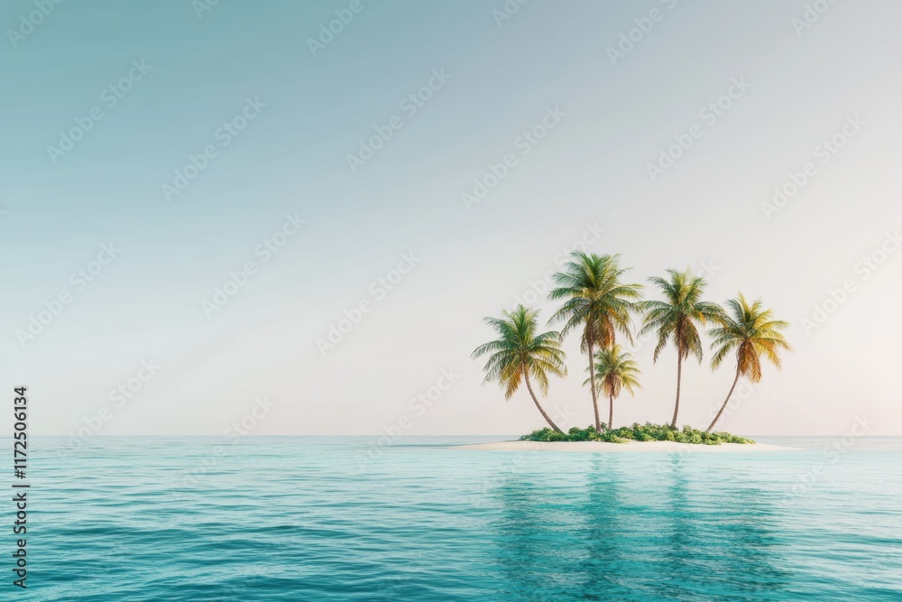 Tropical island with lush palm trees and vibrant greenery, surrounded by crystal-clear turquoise water, isolated on a white background Tropical island with lush palm trees and vibrant greenery, surrounded by crystal-clear turquoise water, isolated on a white background