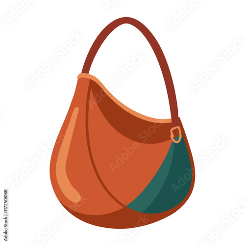 Brown and Green Handbag Illustration with Strap, Flat illustration of a brown handbag with a unique green accent and single strap, ideal for modern and stylish fashion themes.  
