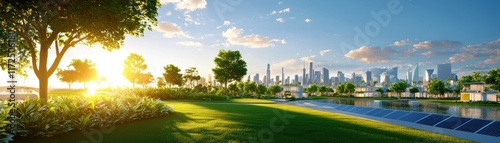 Urban rooftops transformed into lush gardens with solar arrays and beehives, emphasizing sustainable city living