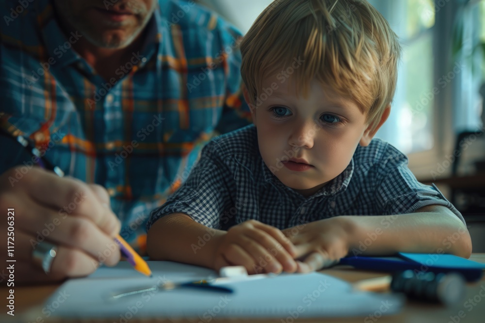 Little boy studying at home doing homework with father help Little boy studying at home doing homework with father help