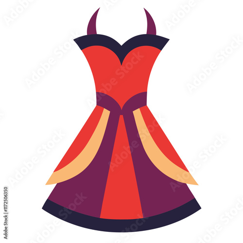 Bold Red and Purple Dress with Yellow Accents, Vector illustration of a bold red and purple dress featuring a sweetheart neckline, yellow accents, and a flared skirt, perfect for vibrant fashion theme