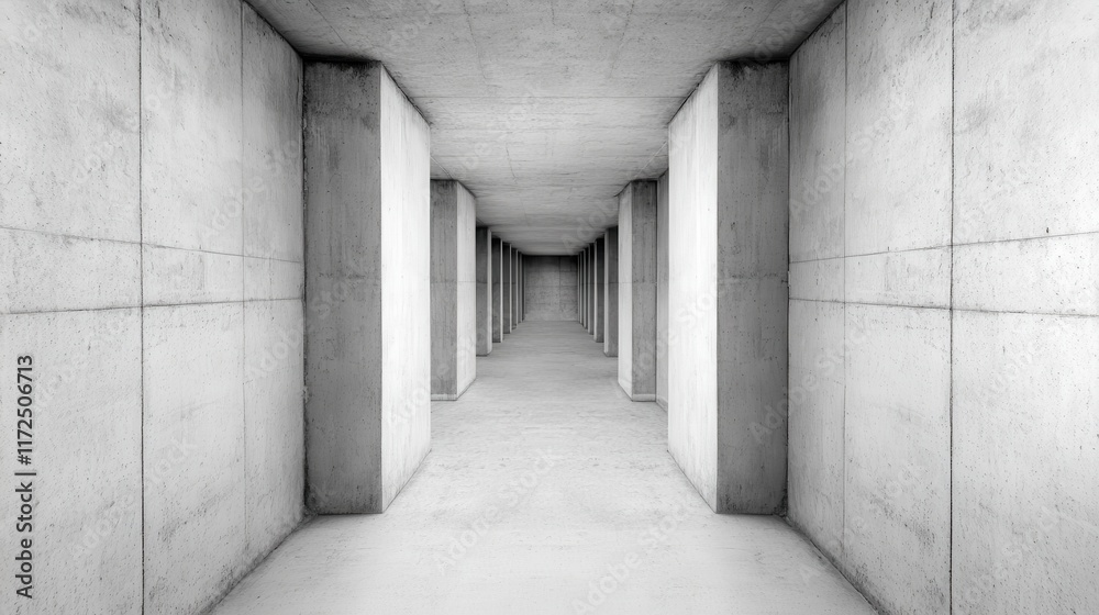A monochromatic concrete hallway with symmetrical pillars extending into the distance, showcasing a minimalist and industrial design with depth A monochromatic concrete hallway with symmetrical pillars extending into the distance, showcasing a minimalist and industrial design with depth