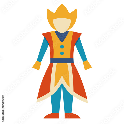 Fantasy Royal Character in Vibrant Robes, Flat vector illustration of a fantasy royal character wearing vibrant red, blue, and gold robes with a crown-like headpiece, ideal for adventure themes.  
