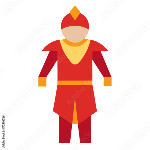 Fantasy Warrior Character in Red Armor, Flat vector illustration of a fantasy warrior character wearing vibrant red and gold armor, featuring a helmet and a bold design.  
