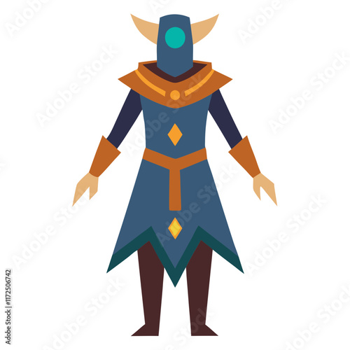 Fantasy Mage Character in Ornate Robes, Flat vector illustration of a fantasy mage character dressed in ornate blue and gold robes, featuring mystical elements and a horned hood.  
