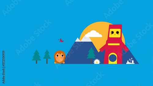 A whimsical illustration featuring a friendly robot, a cute owl, and a scenic mountain landscape under a bright yellow sun. photo