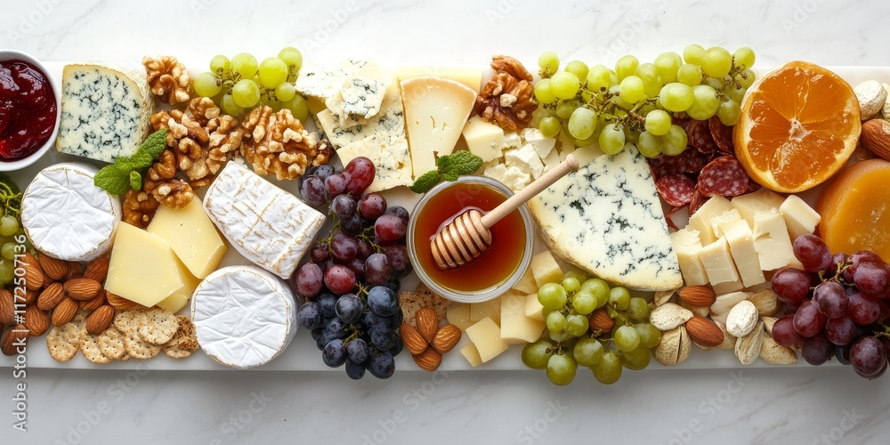 Indulge in a delightful cheese platter featuring an assortment of cheeses, grapes, nuts, and honey. This cheese platter serves as a perfect appetizer table with antipasti snacks, beautifully arranged Indulge in a delightful cheese platter featuring an assortment of cheeses, grapes, nuts, and honey. This cheese platter serves as a perfect appetizer table with antipasti snacks, beautifully arranged