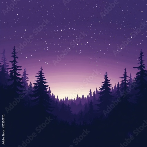  starry background with purple color and copyspace, forets with trees photo