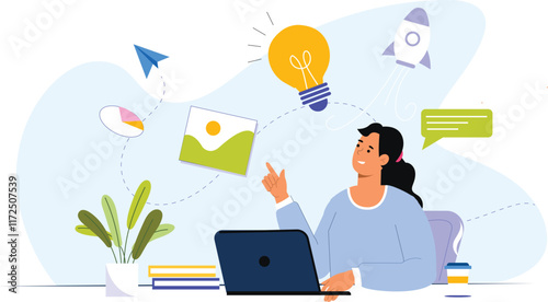 An educational illustration showcasing creative thinking and collaboration, with diverse individuals brainstorming together, using tools like whiteboards, tablets, and sticky notes symbolizing teamwok