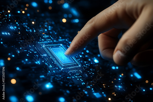 index human finger pressing on a light blue AI chip or processor, highlighting the integration of human interaction and advanced artificial intelligence technology. The design is sleek and futuristic photo