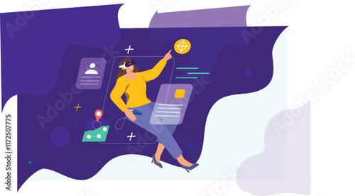 An illustration of an engaging virtual reality interface, featuring a gamer wearing a VR headset, interacting with dynamic, futuristic visuals like 3D game elements