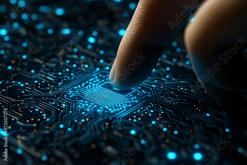 index human finger pressing on a light blue AI chip or processor, highlighting the integration of human interaction and advanced artificial intelligence technology. The design is sleek and futuristic photo