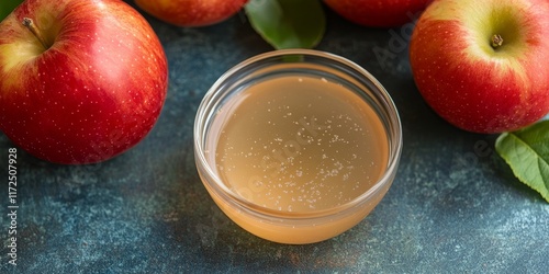Raw apple cider vinegar with mother showcased in a small glass bowl alongside fresh red apples. This raw apple cider vinegar with mother highlights its natural qualities and vibrant color. photo
