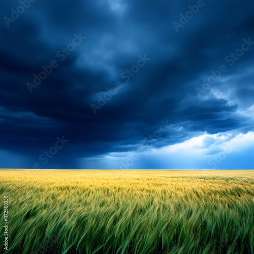 A dramatic landscape featuring golden wheat fields and dark storm clouds, capturing nature's intense beauty and power. photo