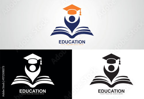 Education logo, open book, stylized human figure, graduation cap, stars, blue color scheme, minimalist design