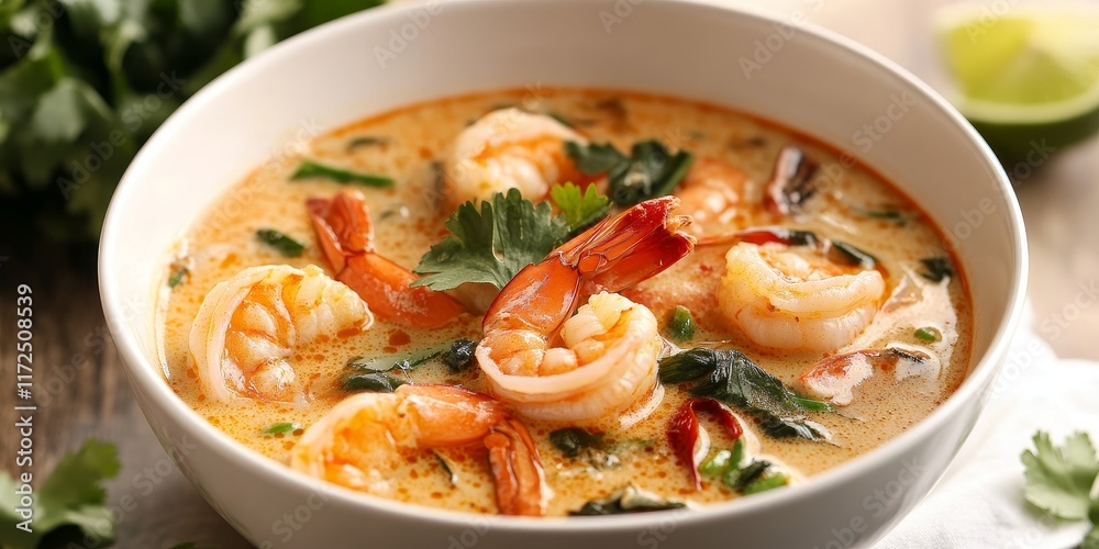 Bowl of Coconut Milk Tom Yum Gai Soup featuring shrimp, offering a delightful blend of flavors and spices, perfect for those who enjoy a rich and fragrant dish. Bowl of Coconut Milk Tom Yum Gai Soup featuring shrimp, offering a delightful blend of flavors and spices, perfect for those who enjoy a rich and fragrant dish.